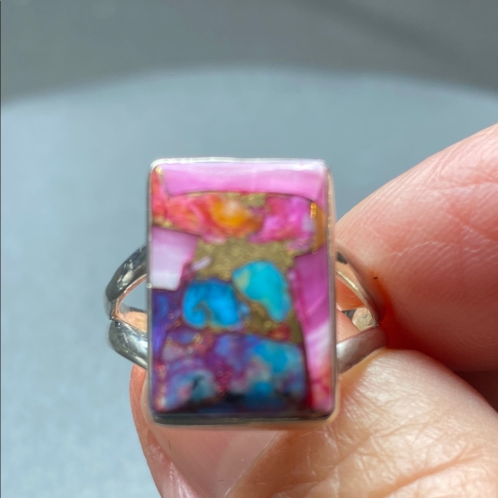 Kingman Pink Dahlia Turquoise Ring Size 8 in Solid Sterling Silver 925 - Picture 3 of 6